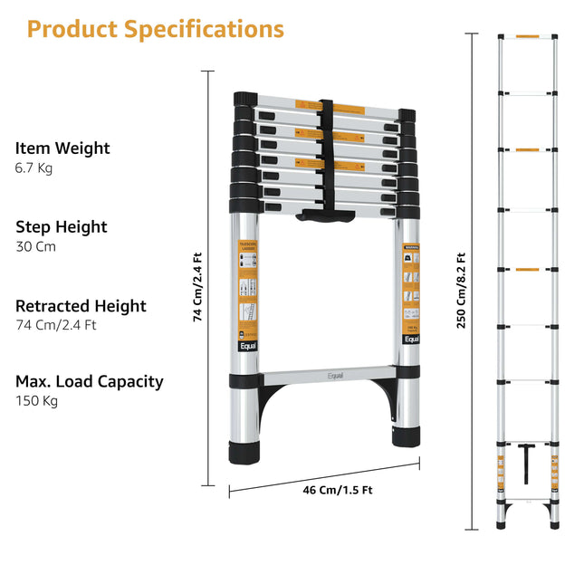 Equal 8.5 FT Aluminium Telescopic Ladder – 150kg EN131 Certified
