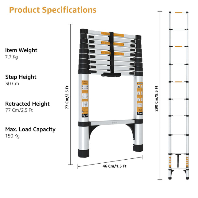Equal 9.5 FT Aluminium Telescopic Ladder – 150kg EN131 Certified
