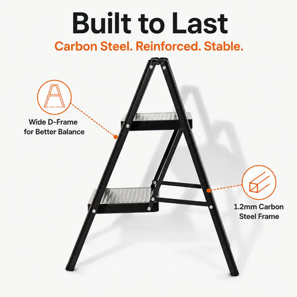Equal 2-Step Foldable Ladder with carbon steel frame and wide D-frame base for stability - home step ladder India