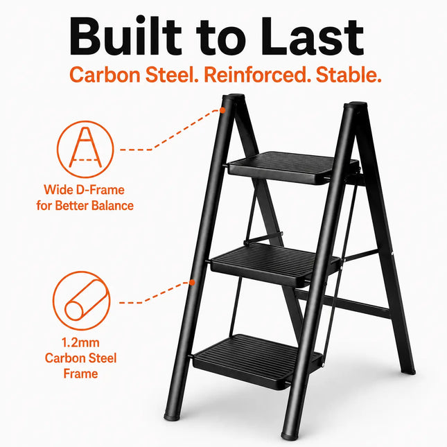 Equal 3-Step Foldable Ladder with carbon steel frame and wide D-frame base for stability - home step ladder India