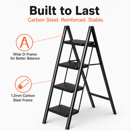 Equal 4 Step Foldable Ladder with carbon steel frame and wide D-frame base for stability - home step ladder India
