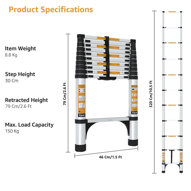 Equal 10.5 FT Aluminium Telescopic Ladder – 150kg EN131 Certified