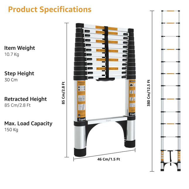 Equal 12.5 FT Aluminium Telescopic Ladder – 150kg EN131 Certified