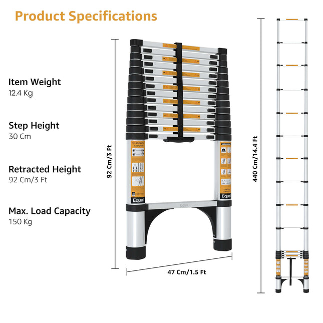 Equal 15 FT Aluminium Telescopic Ladder – 150kg EN131 Certified