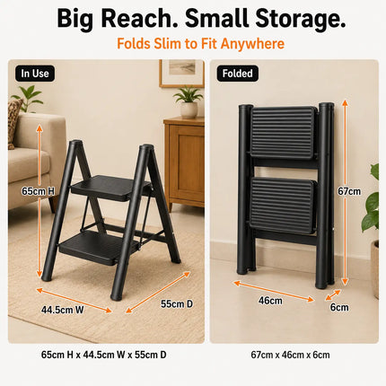 Equal 2-Step ladder expanded and folded size comparison - compact foldable design for home storage