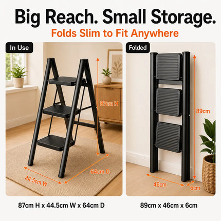 Equal 3-Step ladder expanded and folded size comparison - compact foldable design for home storage