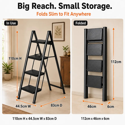 Equal 4-Step ladder expanded and folded size comparison - compact foldable design for home storage