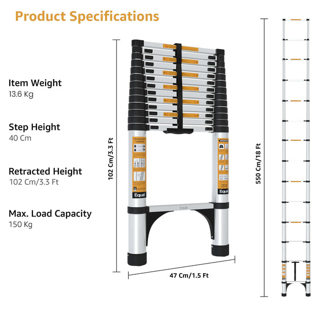 Equal 18 FT Aluminium Telescopic Ladder – 150kg EN131 Certified