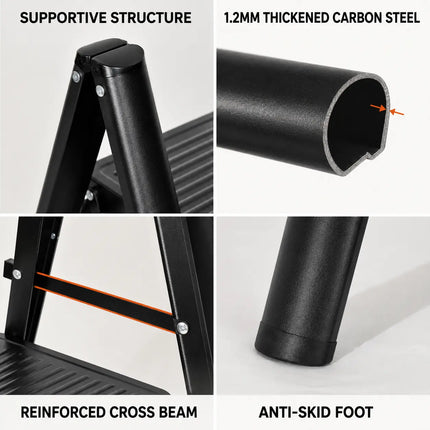 Equal 3 step ladder build quality - reinforced hinge, 1.2mm carbon steel frame, cross beam and anti-skid foot