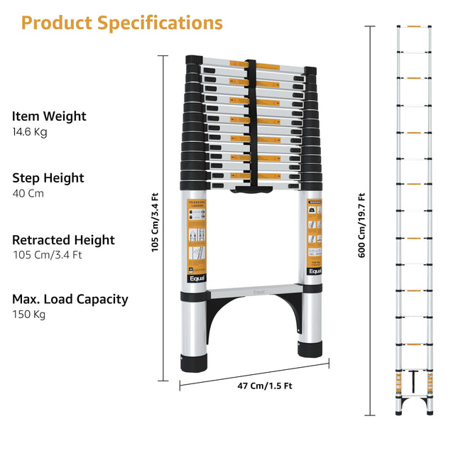 Equal 20.5 FT Aluminium Telescopic Ladder – 150kg EN131 Certified