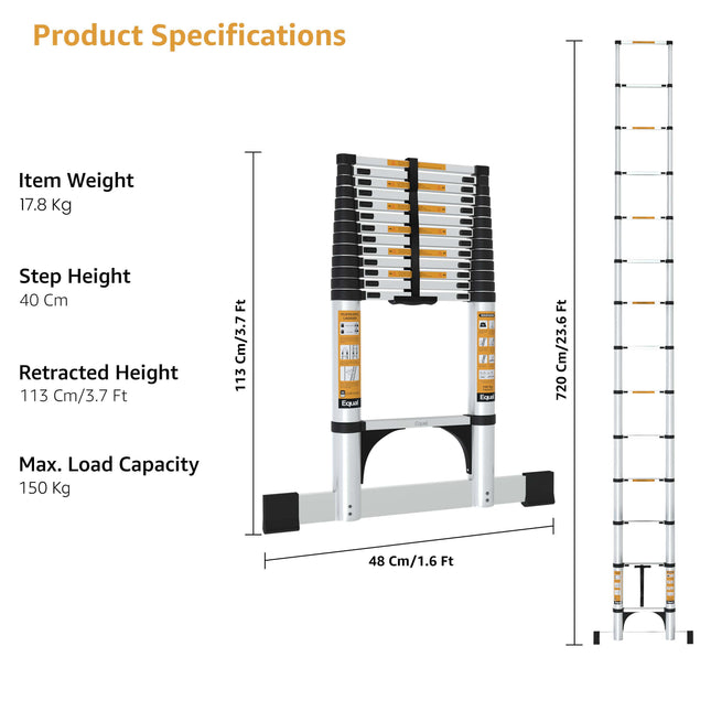 Equal 23.6 FT Aluminium Telescopic Ladder with Triangle Stabilizers – 150kg EN131