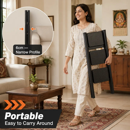 Woman carrying folded Equal 3 step ladder at home - lightweight portable design for Indian households
