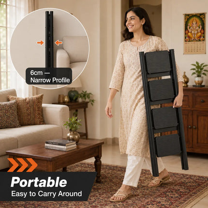 Woman carrying folded Equal 4 step ladder at home - lightweight portable design for Indian households