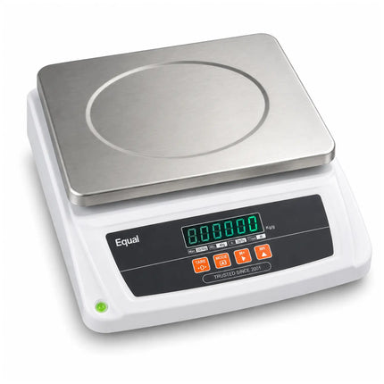 equal digital table top scale with a stainless steel weighing platform and a white plastic base. The front features a black control panel with a green LED display showing '0.