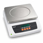 equal digital table top scale with a stainless steel weighing platform and a white plastic base. The front features a black control panel with a green LED display showing '0.