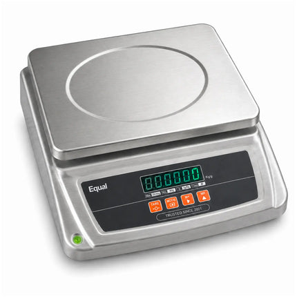 An industrial digital scale with a brushed stainless steel platform and a black control panel featuring an LCD display and orange buttons, shown on a white background.