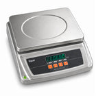 An industrial digital scale with a brushed stainless steel platform and a black control panel featuring an LCD display and orange buttons, shown on a white background.