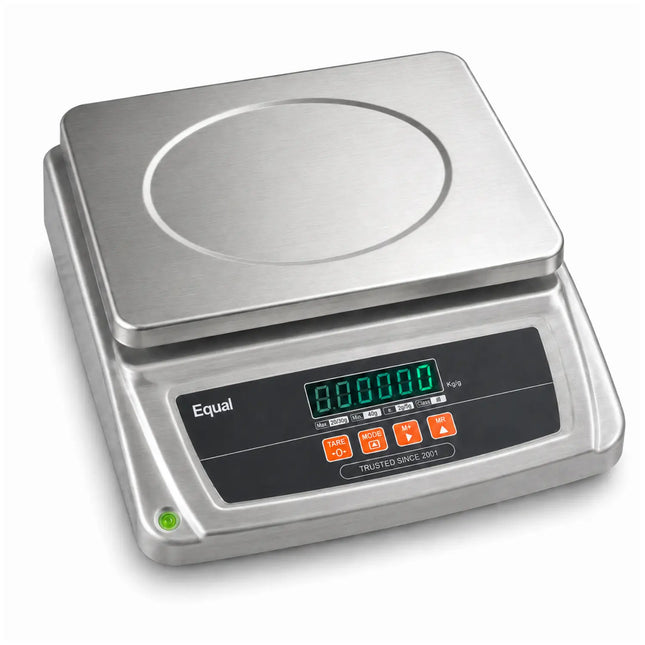 An industrial digital scale with a brushed stainless steel platform and a black control panel featuring an LCD display and orange buttons, shown on a white background.