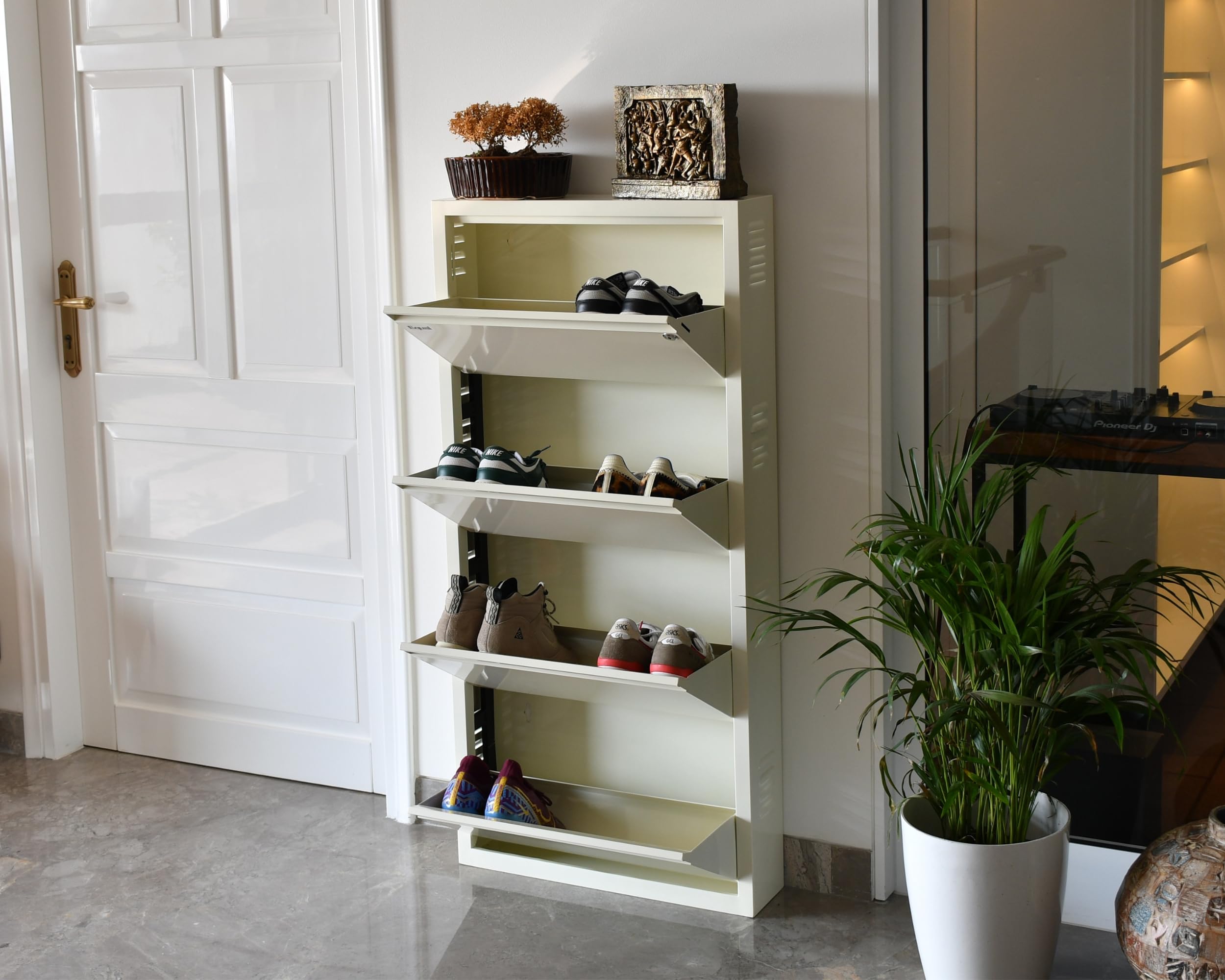 Lockable Shoe Rack Equal 4-Shelf Steel Shoe Rack | Lock & Key | 8–12 Pairs