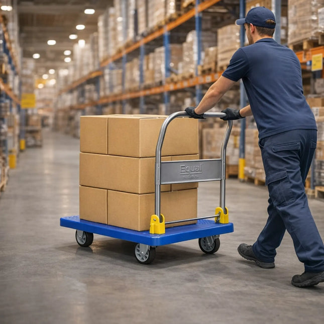 Equal 500kg Blue Platform Trolley Carrying Heavy Industrial Loads Warehouse Use