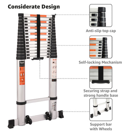 Equal 23.5 FT. Aluminium Telescopic Ladder/Collapsible Extension Ladder w/Stabilizer Bar & Wheels