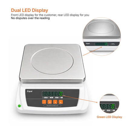 Digital Equal tabletop scale with a stainless steel weighing platform, white base, and front display, shown on a light gray background with callout text and two circular close-ups highlighting the display features.

