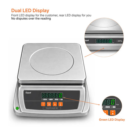 Digital scale with a stainless steel weighing platform and a black control panel featuring dual LED displays, shown on a white background with callout text and circular close-ups of the front and rear displays.