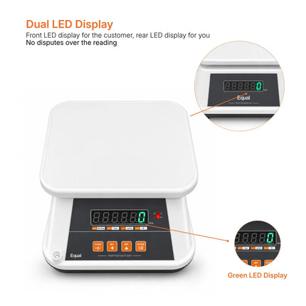 A digital kitchen scale with a white weighing platform and a black control panel featuring dual LED displays, shown on a white background with callout circles highlighting the front and rear displays.