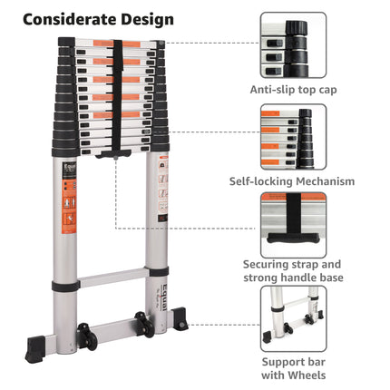 Equal 22.6 FT. Aluminium Telescopic Ladder/Collapsible Extension Ladder w/Stabilizer Bar & Wheels