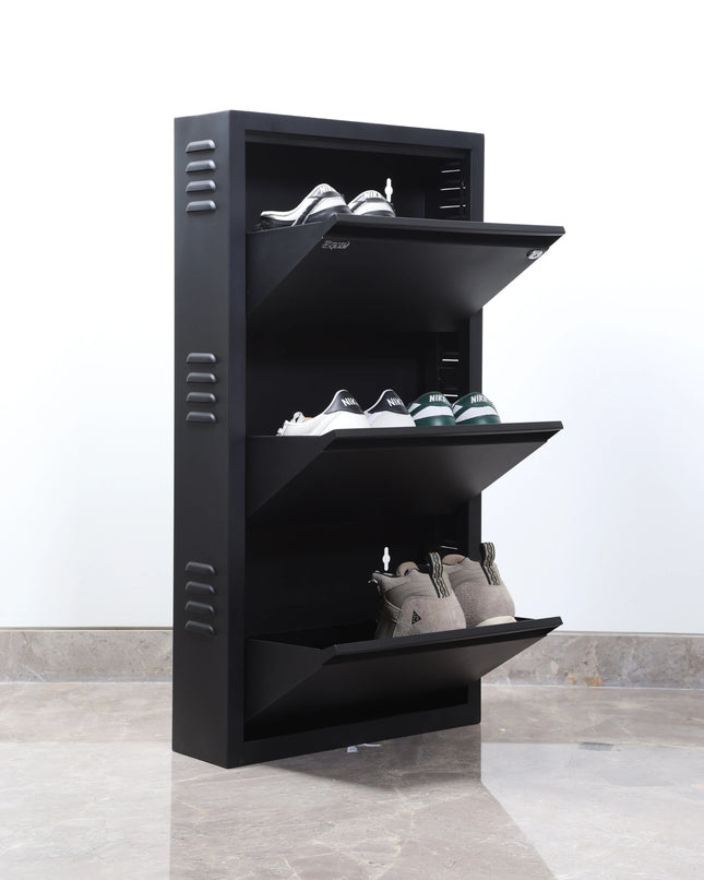Equal 3-Shelf Metal Shoe Rack – Lockable | 6–8 Pairs