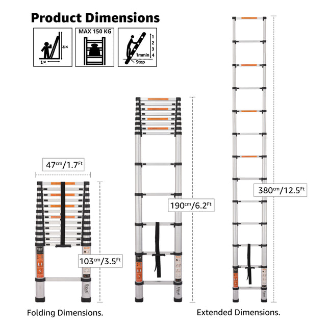 12.5 ft. telescopic ladder height from collapsed position to extended position
