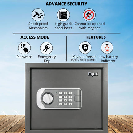 Equal 32L SecureLitePro Digital Safe Locker with Pincode Access and Emergency Key - Grey