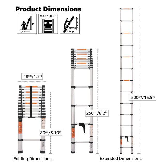 Equal 16.5 FT Finger Protect Aluminium Telescopic Ladder – 150kg EN131 Certified
