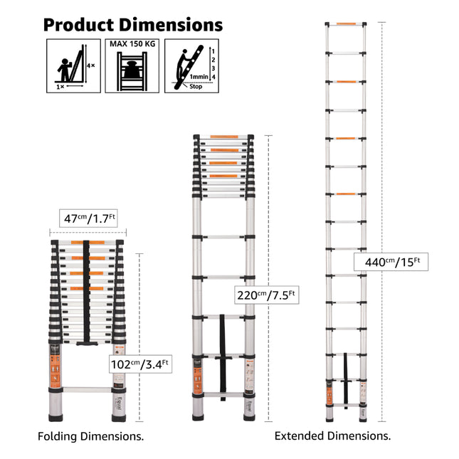 Equal 15 FT Finger Protect Aluminium Telescopic Ladder – 150kg EN131 Certified