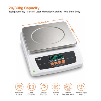 Digital scale with a stainless steel weighing platform and a black control panel, shown on a white background with orange dimension lines indicating 300mm by 250mm. Text at the top lists capacity and accuracy details, and feature icons appear along the bottom.