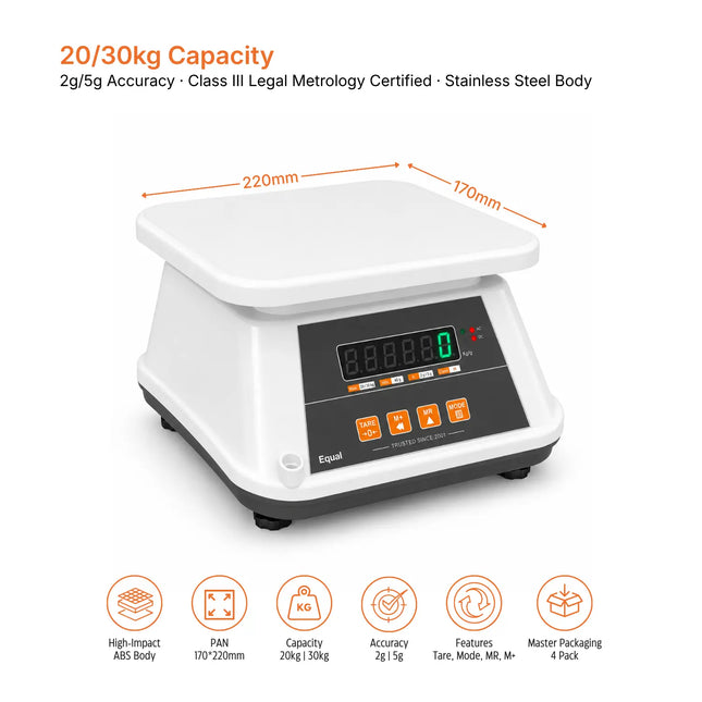 White digital scale with a black control panel and orange buttons, shown on a white background with orange dimension lines indicating 220mm width and 170mm depth, plus feature icons and text at the top and bottom.

