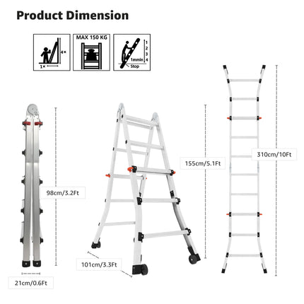 10 ft. aluminium multipurpose ladder in various positions 