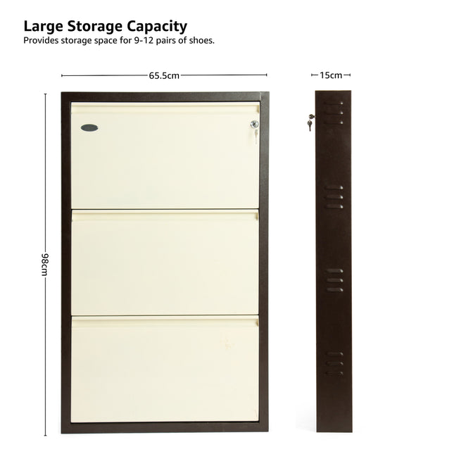 Equal 3-Door Wall Mounted Metal Shoe Rack – Lock & Key | 9–12 Pairs