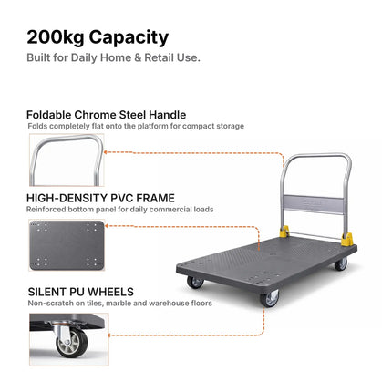 Equal 200kg Grey PVC Platform Trolley Features Chrome Handle Anti-Slip Surface PU Wheels India