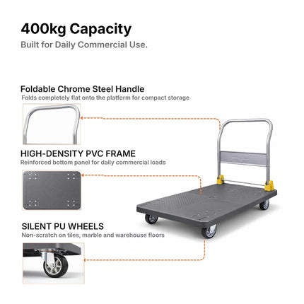 Equal 400kg Grey PVC Heavy Duty Platform Trolley Chrome Handle Reinforced Base PU Wheels