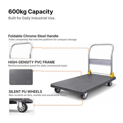 Equal 600kg Grey PVC Industrial Platform Trolley 5-Wheel Centre Stability System India