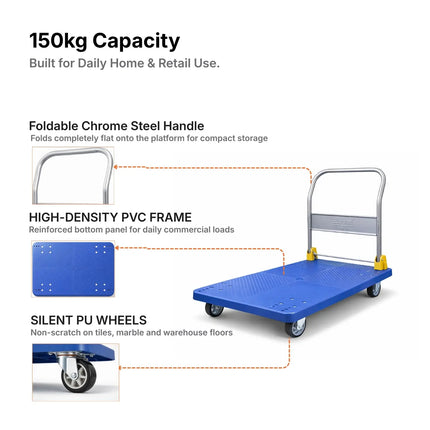 Equal 150kg Blue PVC Platform Trolley Chrome Handle Reinforced Base Silent PU Wheels