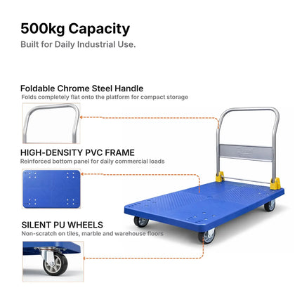 Equal 500kg Blue PVC Platform Trolley 5-Wheel Centre System Chrome Handle Silent PU