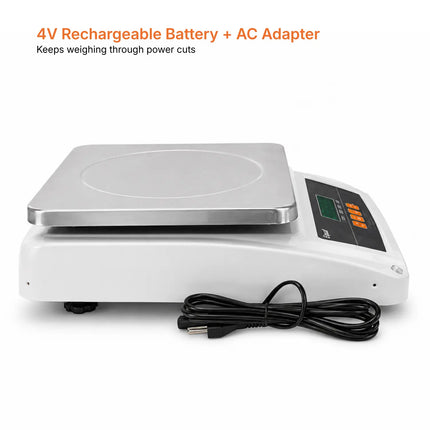 A white Equal digital scale with a stainless steel weighing platform and a black power cord, shown on a white background with orange text at the top reading '4V Rechargeable Battery + AC Adapter'.

