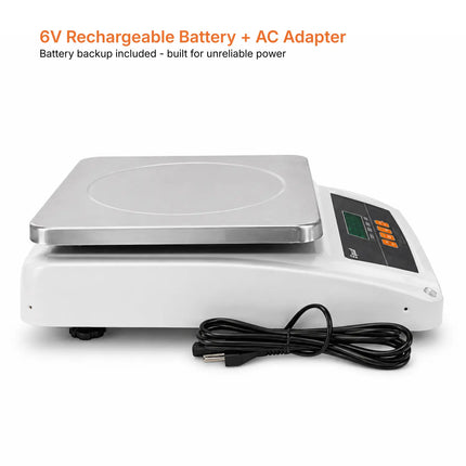 White Equal digital scale with a stainless steel weighing platform, black power cord, and digital display panel, shown on a white background with orange text reading '6V Rechargeable Battery + AC Adapter' and 'Battery backup included - built for unreliable power'.

