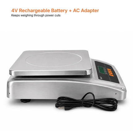 A stainless steel digital scale with a black power cord, shown on a white background with text at the top reading '4V Rechargeable Battery + AC Adapter' and 'Keeps weighing through power cuts'.
