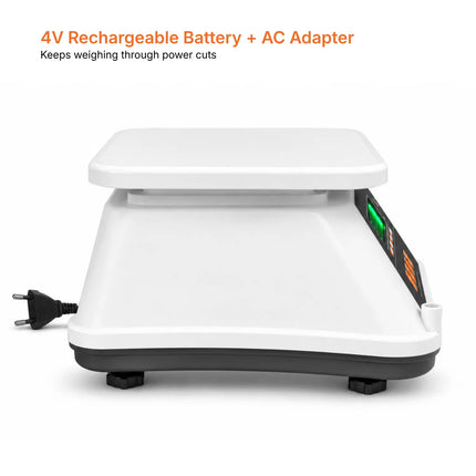 A white and black digital scale with a rechargeable battery and AC adapter, shown on a white background with orange text at the top.
