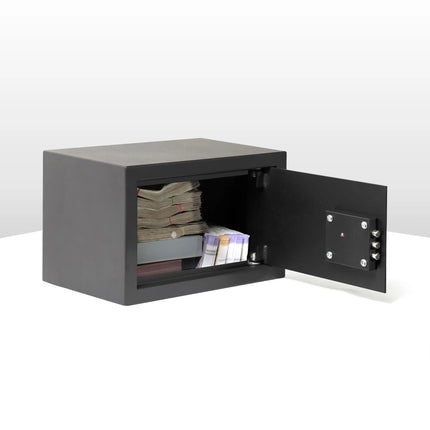 Equal safe locker interior open showing cash and document storage space