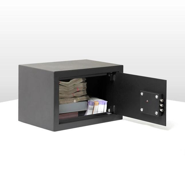 Equal safe locker interior open showing cash and document storage space