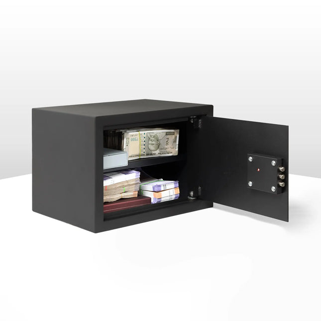 Equal safe locker interior open showing cash and passport storage space